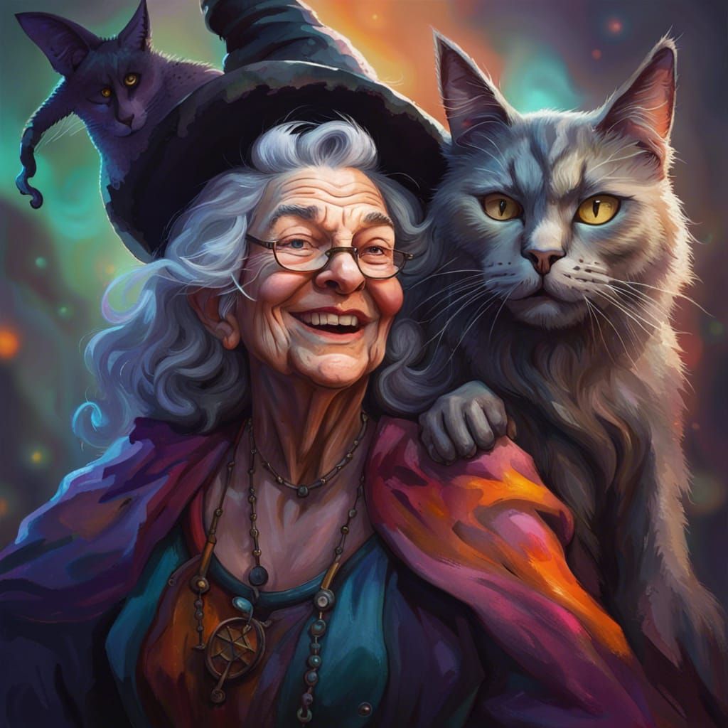 Detailed Portrait of a Smiling Witch with Cat