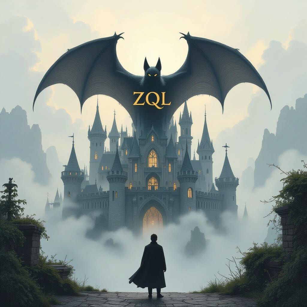 Mystical Bat Castle with Man in Dreamy Landscape