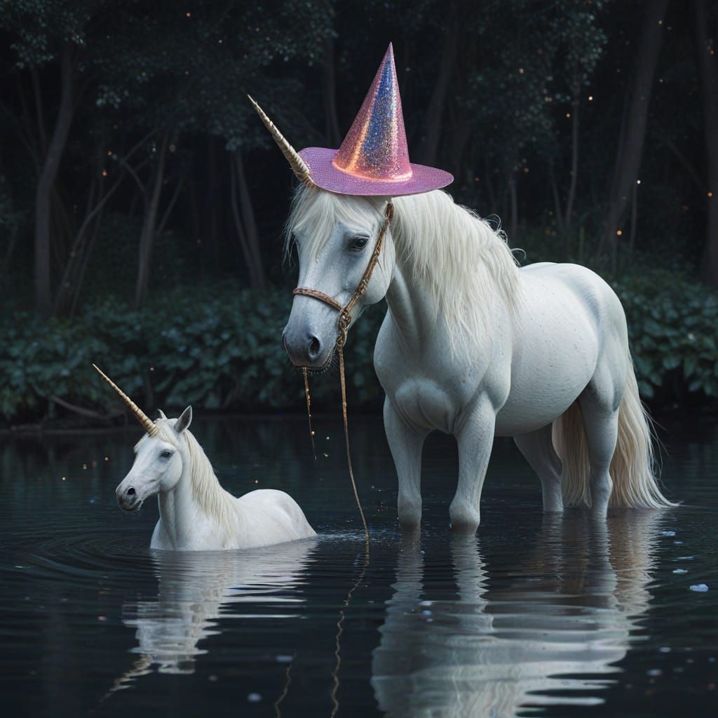 Unicorn's Cosmic River Reflection with Party Hat