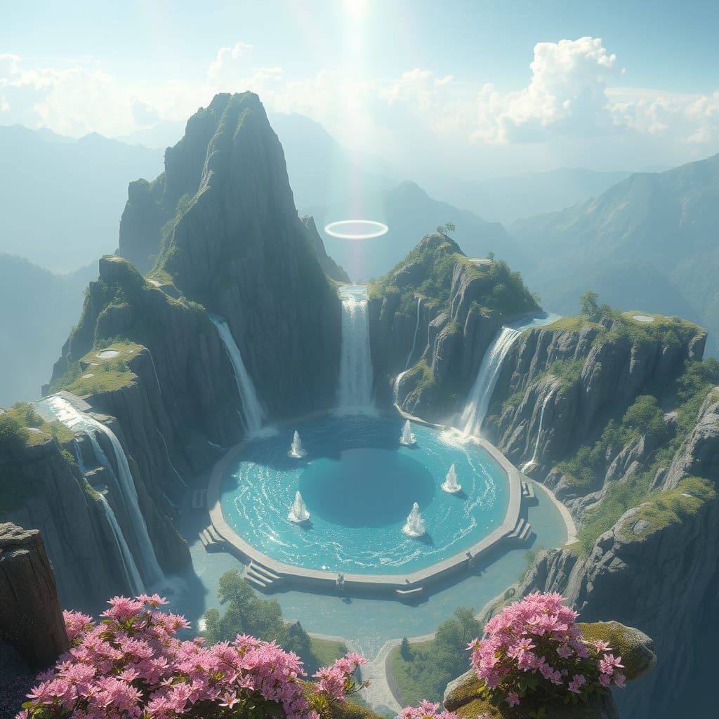 Anime Mountaintop Sanctuary with Rainbow Halo