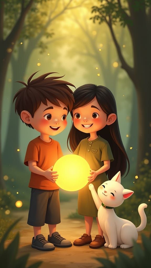 Magical Forest Scene with Boy Holding Orb