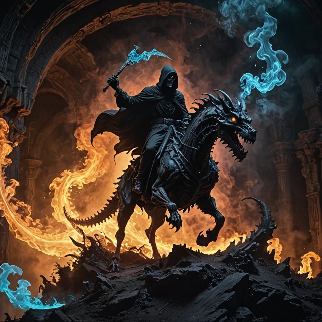 Grim Reaper Rides Dragon of Iridescent Smoke