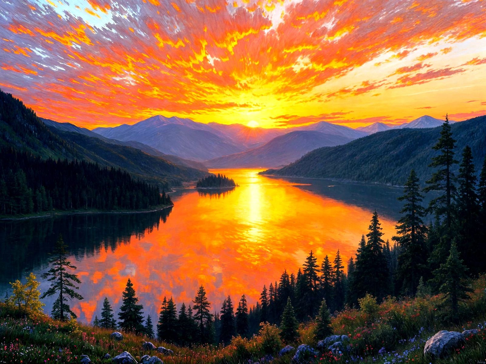 Vibrant Sunset Reflections in Impressionistic Landscape