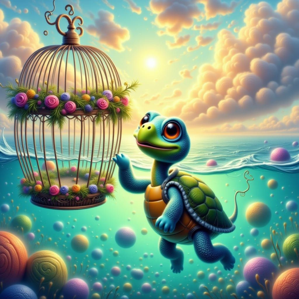 Sea Turtle Nudges Ornate Birdcage in Sunny Ocean