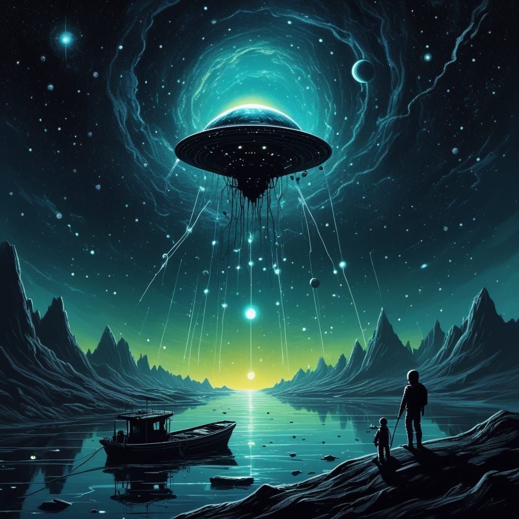 Alien Fishing for Stars in Retrofuturist Comic Style