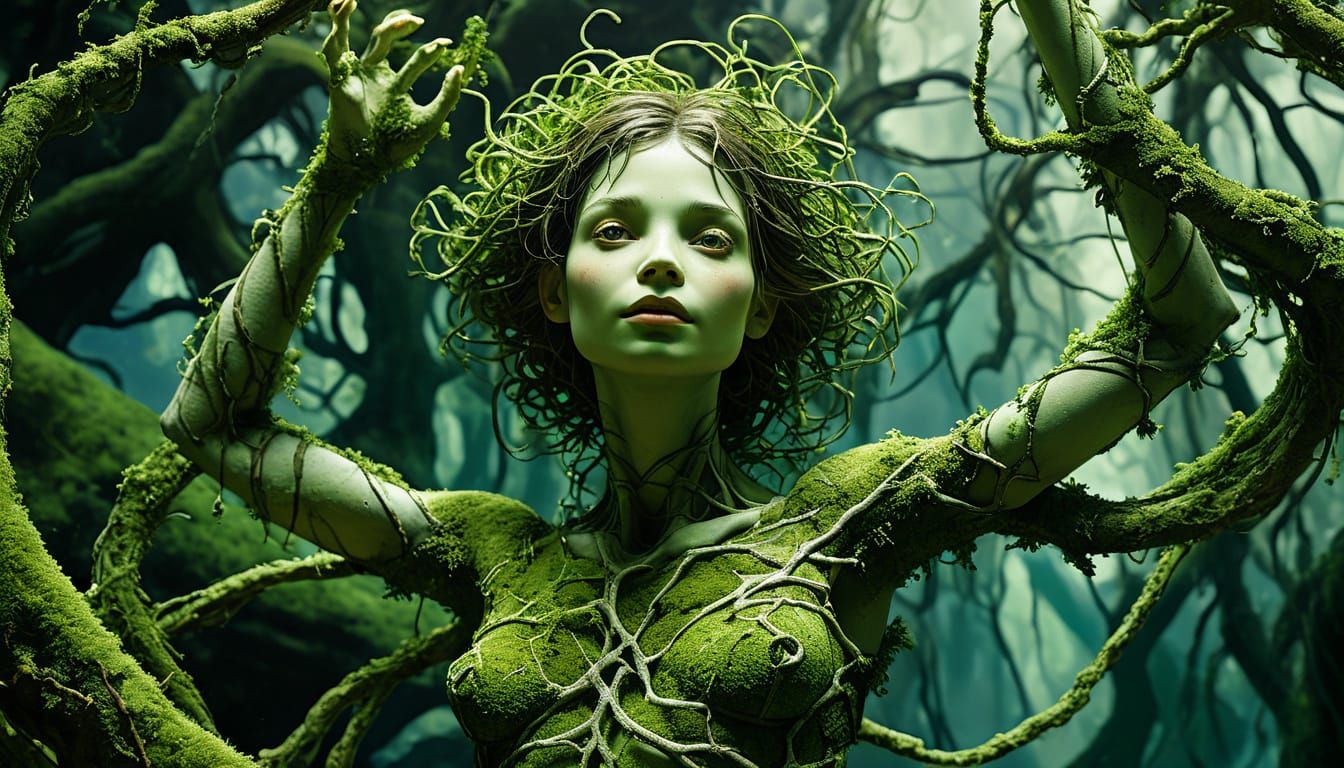 Surreal Figure of Nature in Cosmic Oil Painting