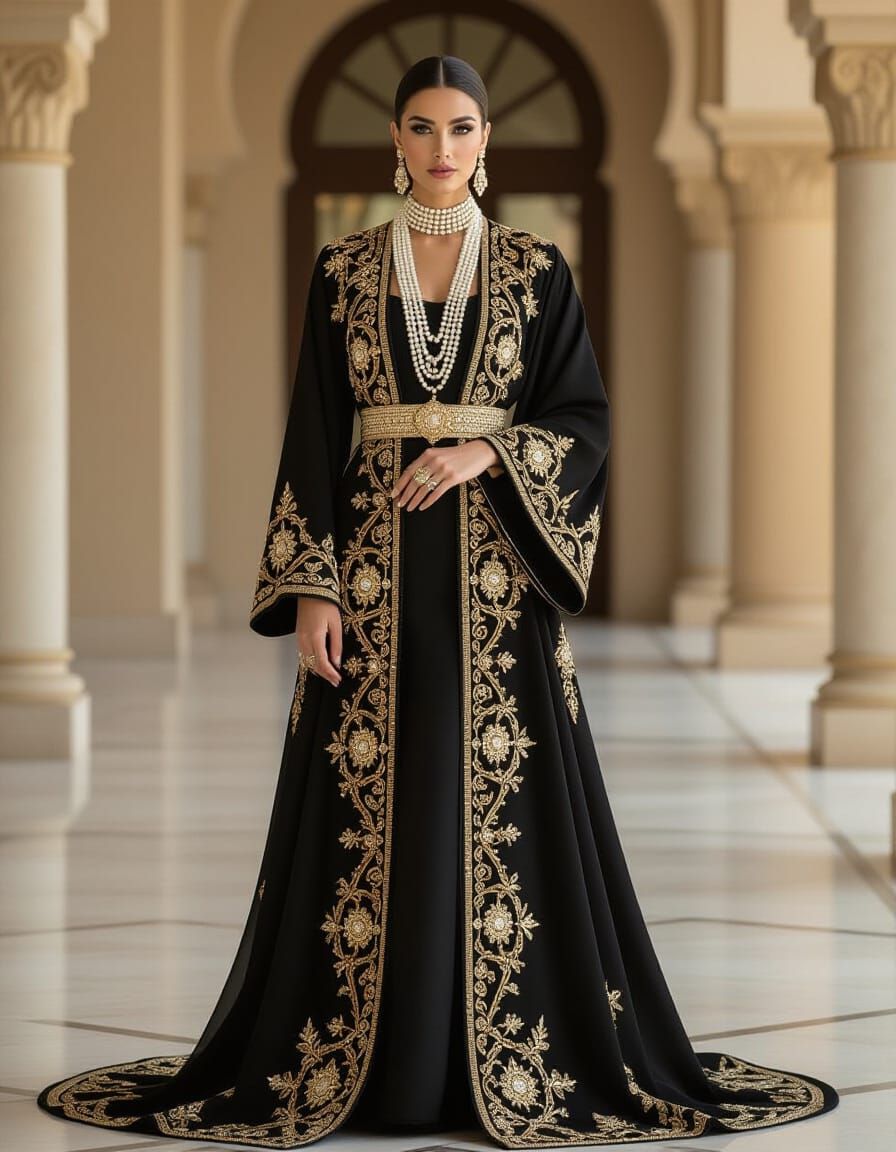 Regal Woman in Opulent Abaya, High Fashion Photography