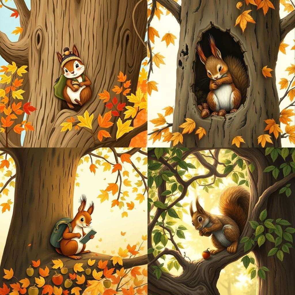 Squirrel Counting Acorns in Oak Tree