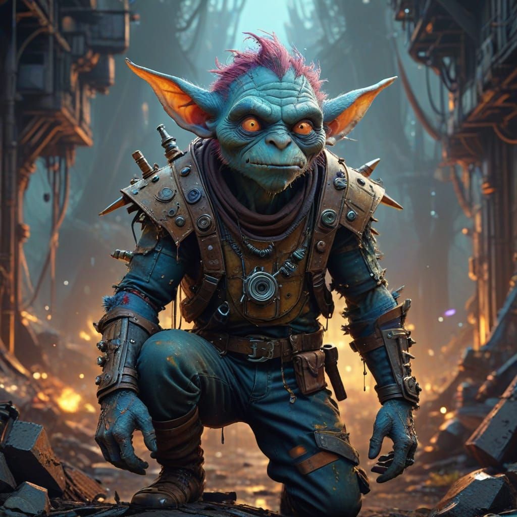 Whimsical Goblin Handyman with Worn Leather Skin and Copper ...