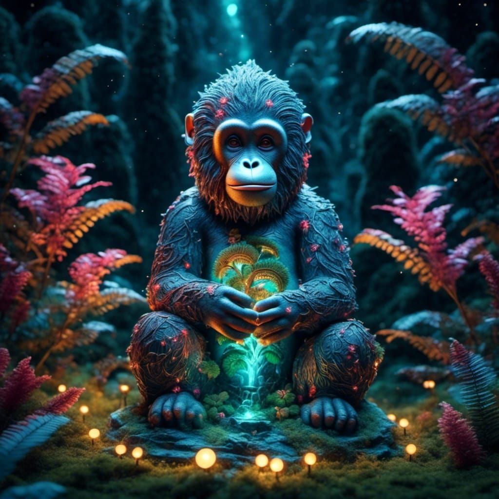 Orangutan Merges with Fern in Biomechanical Forest