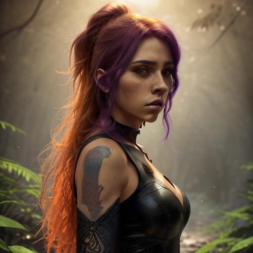 <lora:pretty woman:1.0> girl with orange black and purple ha...