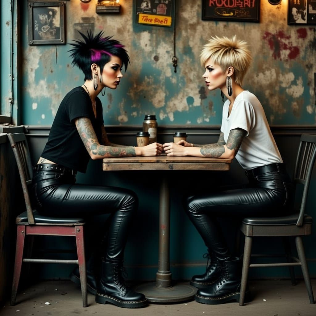 Two Women in Grungy Cafe, Punk Style