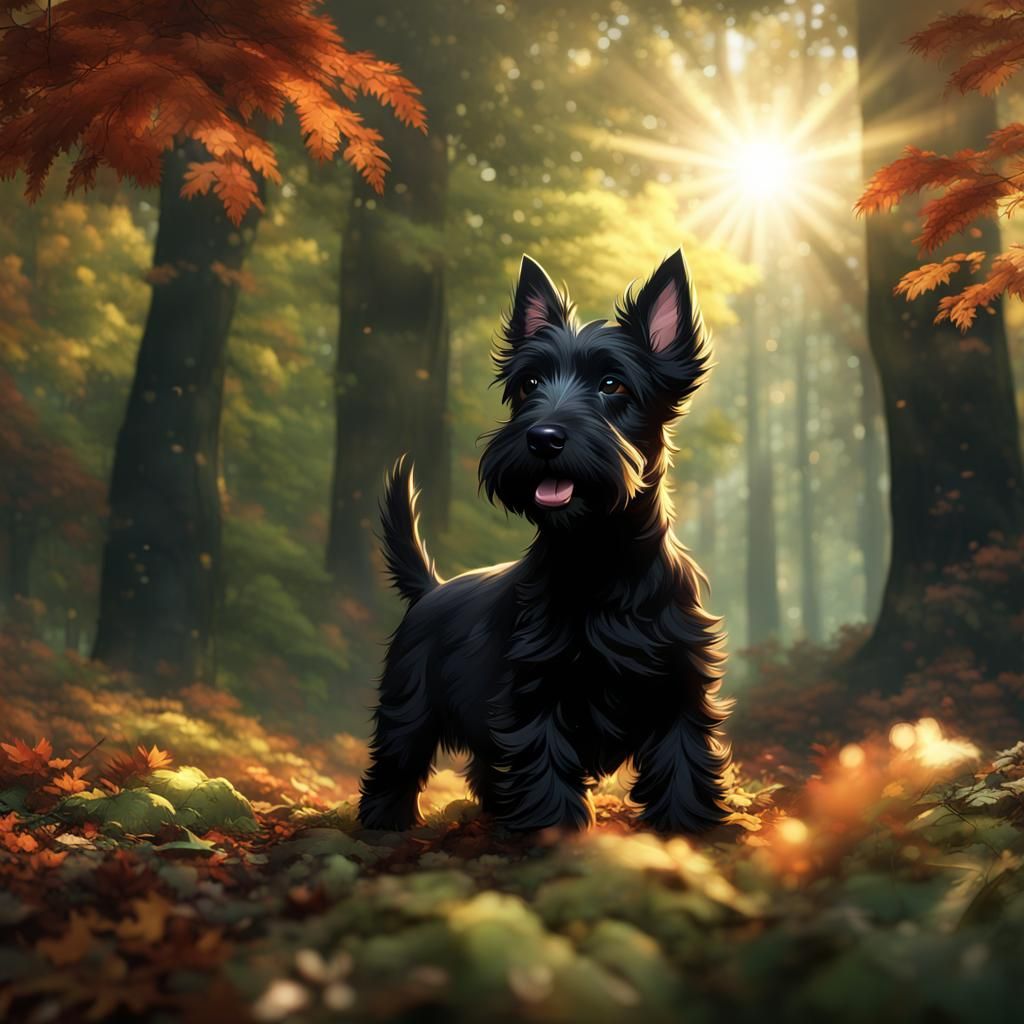 Happy Black Terrier Puppy in Sunlit Forest: Fantasy Art