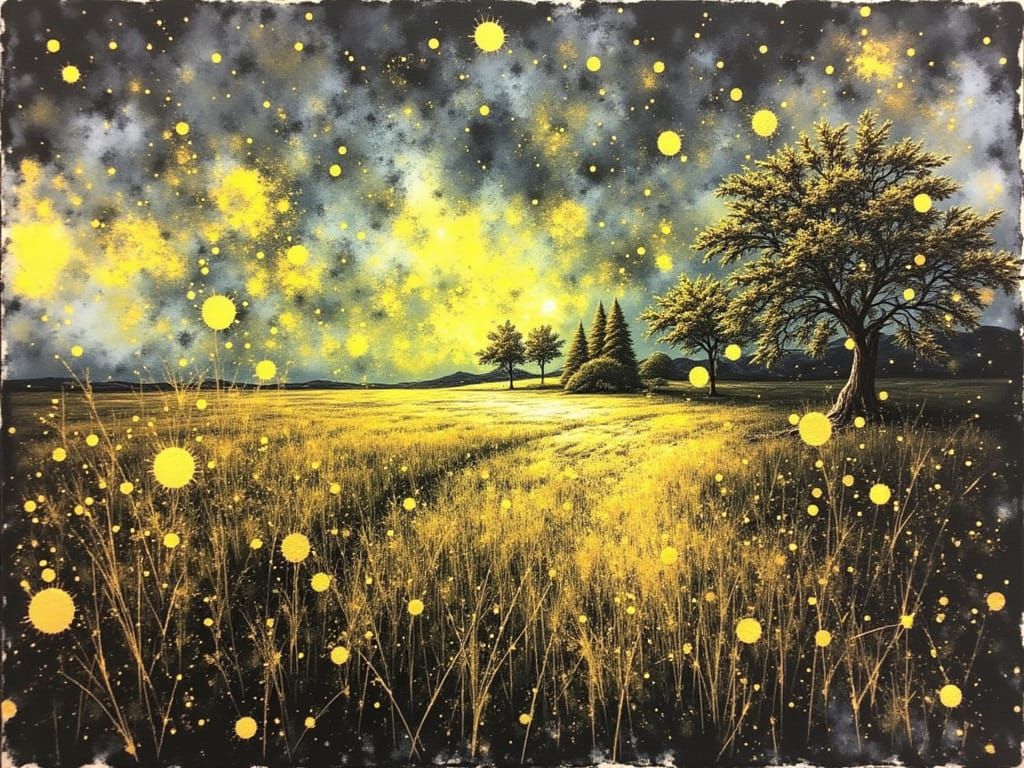 Vibrant Sunset Landscape in Splatter Paint Style