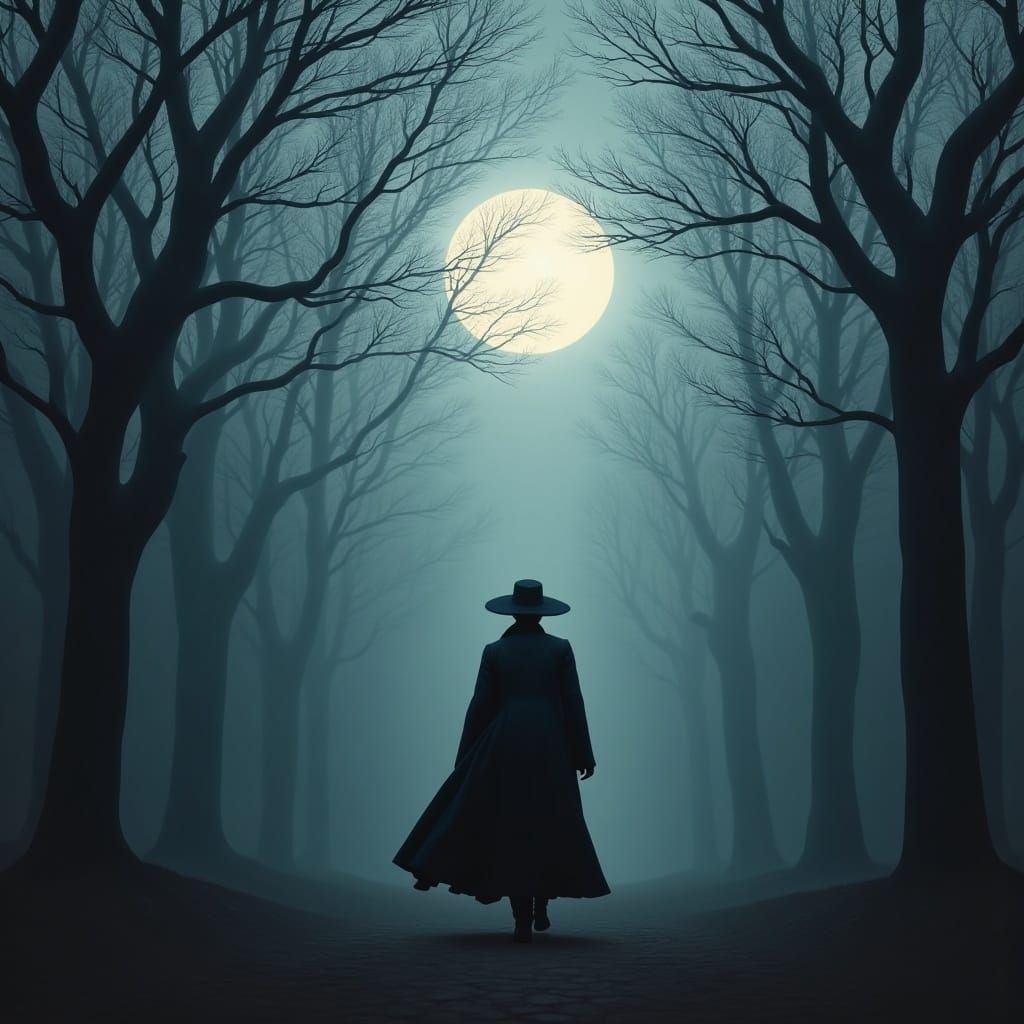 Mysterious Figure in Moonlit Forest, Surrealist Digital Art