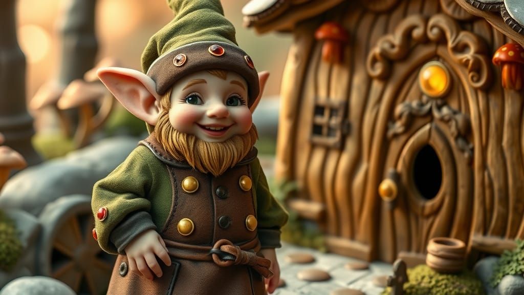 Gnome Beside Cottage in Fairy-Tale Style