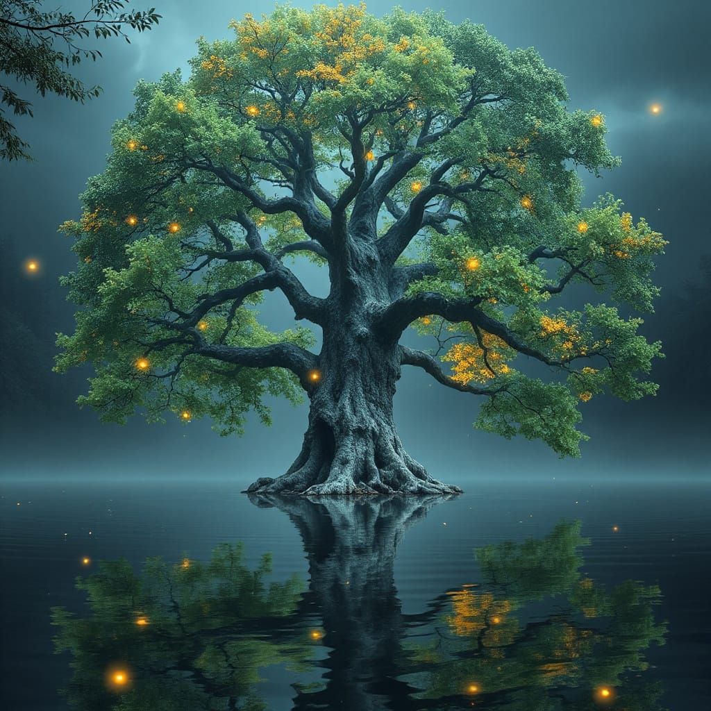 Mystical Tree of Life Reflected in Enchanted Lake