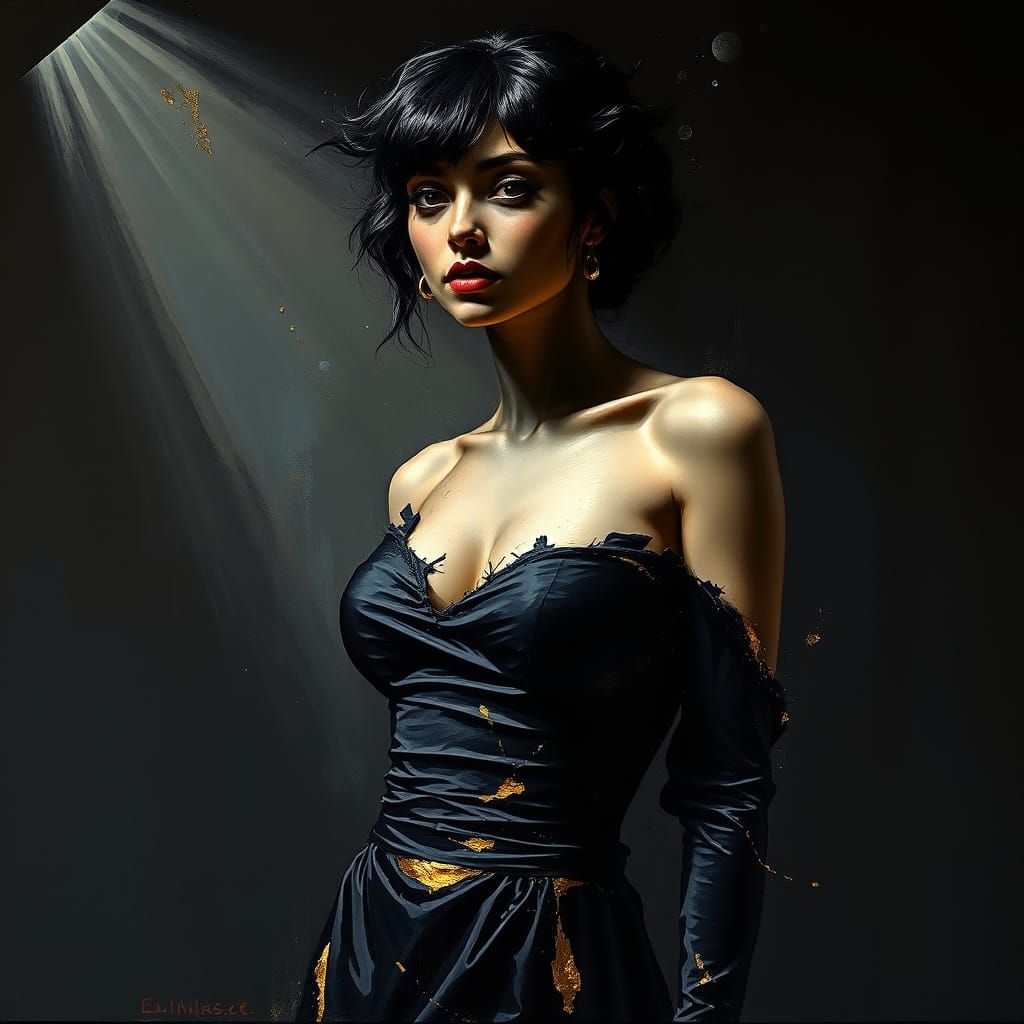 Matte Black Figure in Torn Velvet Dress with Gold Highlights