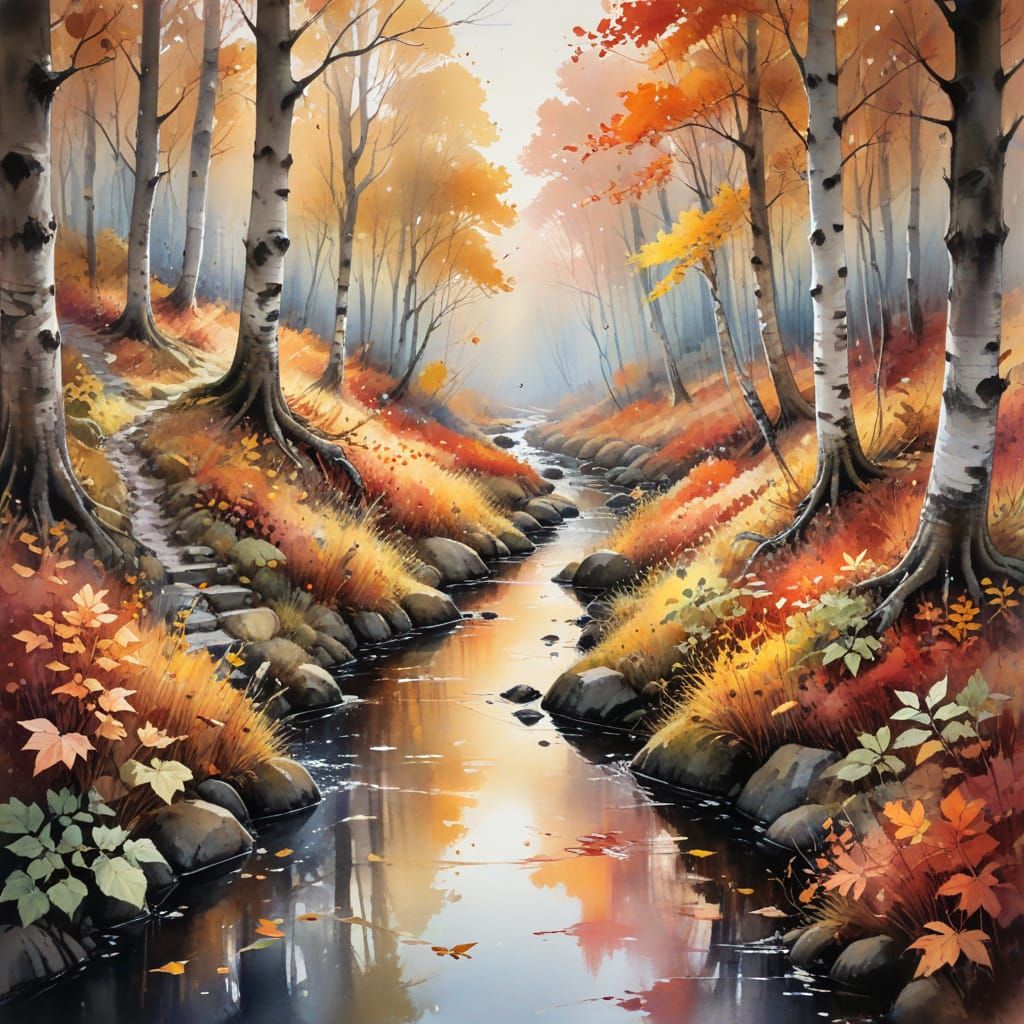 Autumn Forest Path in Watercolor Style