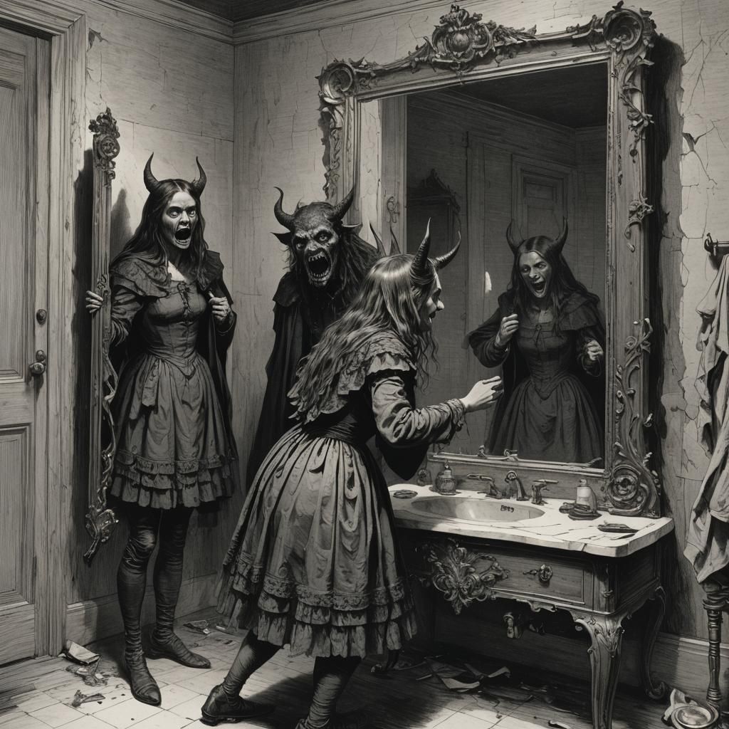 Girl's Demonic Reflection in Broken Mirror