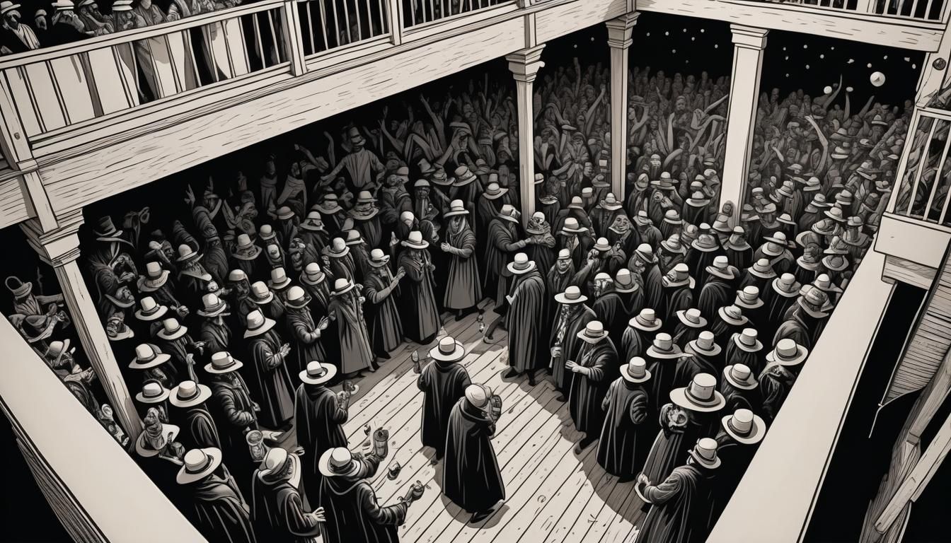 100 Plague doctors partying at a discotheque Ibiza. view from an upper balcony looking down onto the crowd. woodcut, lin...