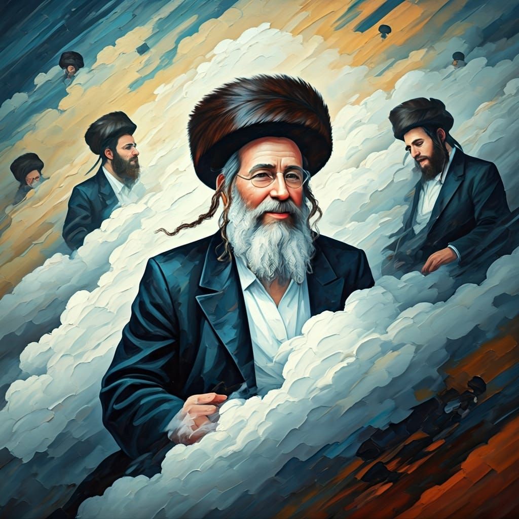Hasidic Men Floating in Clouds as Impasto Painting