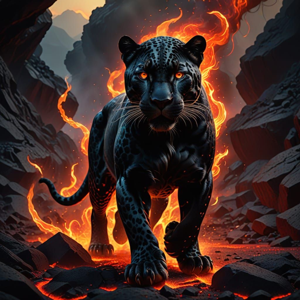 Lava Jaguar on Volcanic Ground: Fantasy Animal