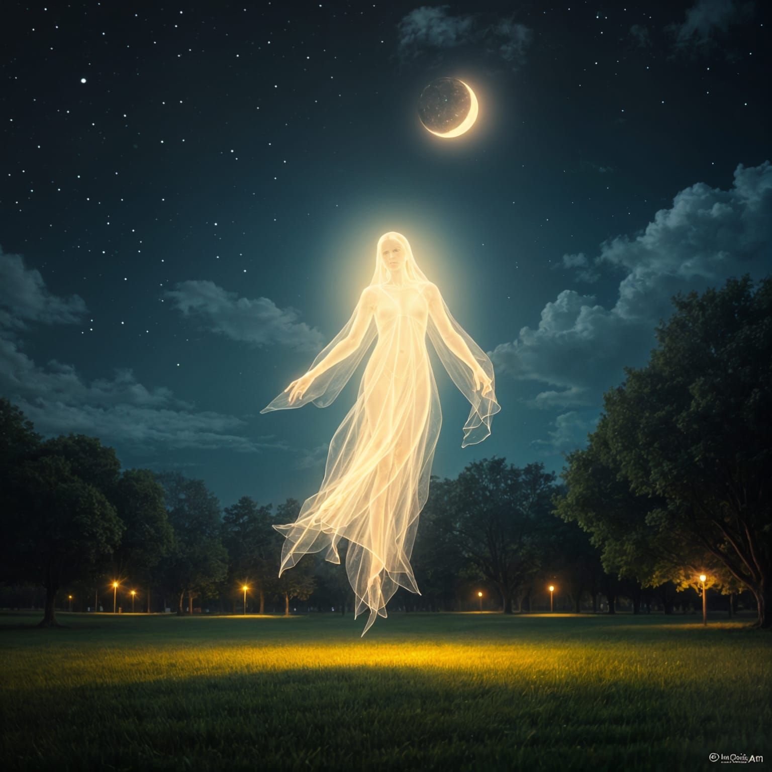 Ethereal Ghost Illuminates Starry Night Park