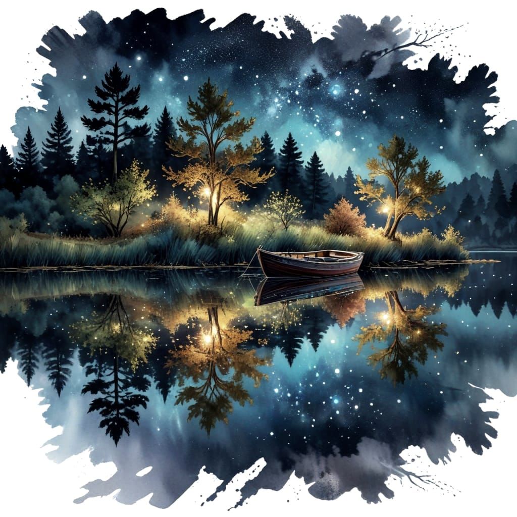 Charming Starry Night Countryside Scene in Stylized Watercol...