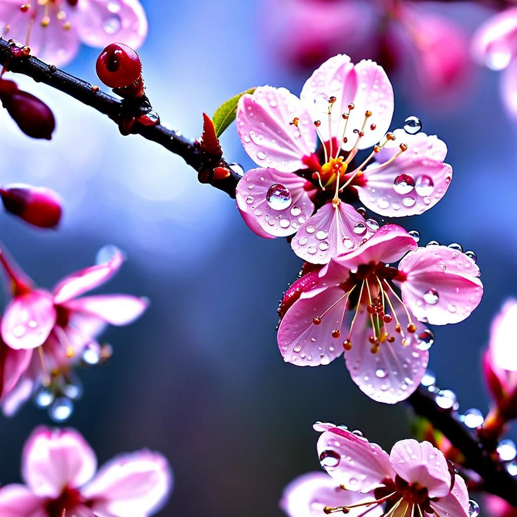 Glistening Dewdrops on Cherry Blossom in Matte Painting