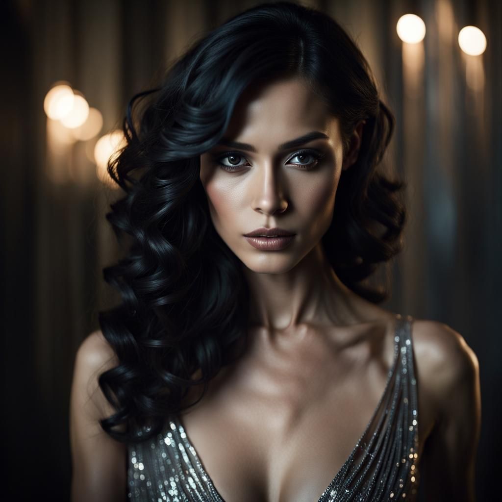 Elegant Woman with Ebony Hair and Intense Eyes