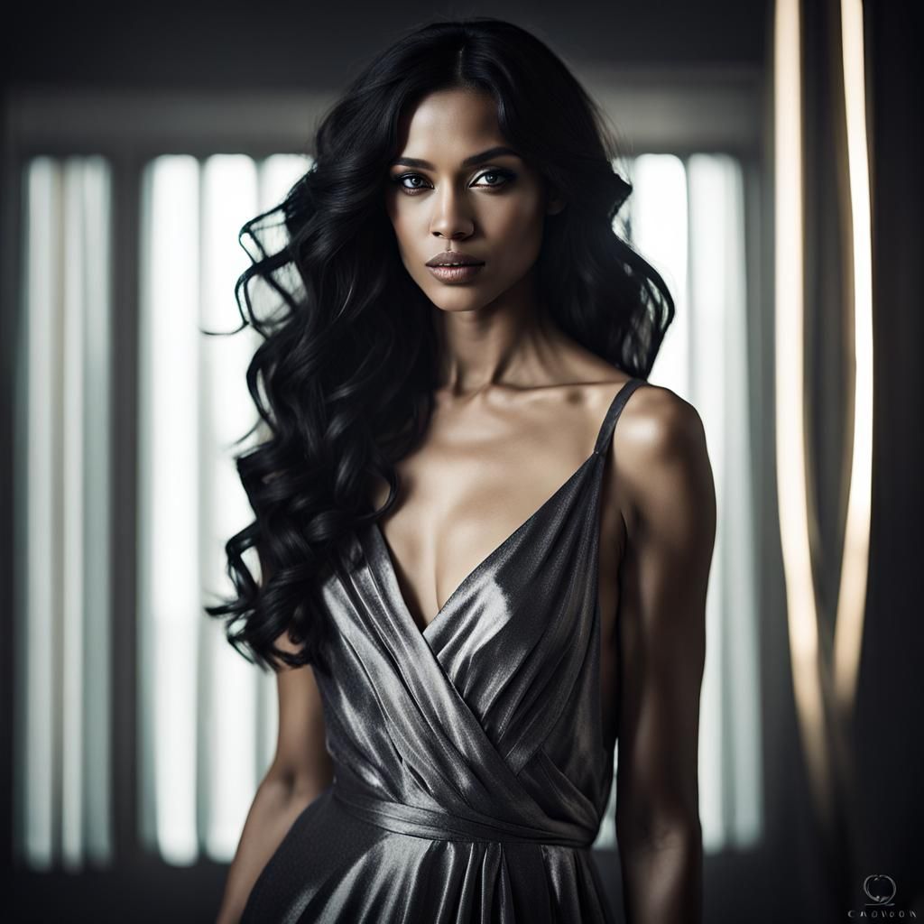 Elegant Woman with Ebony Hair in Photographic Style