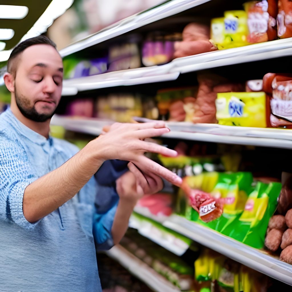 Humorous Grocery Store Scene with Sausage Fingers