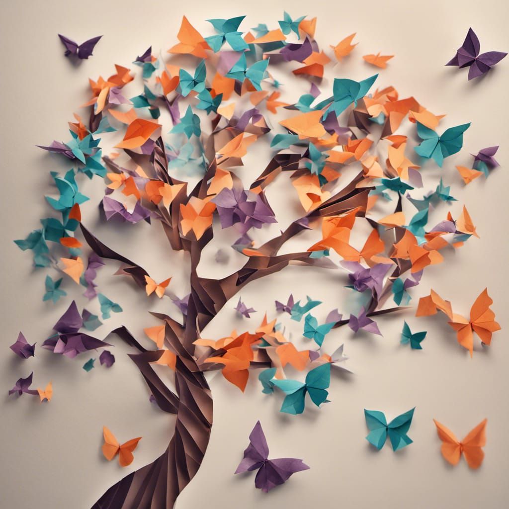 Colorful Origami Tree with Butterflies in Ukiyo-e Style