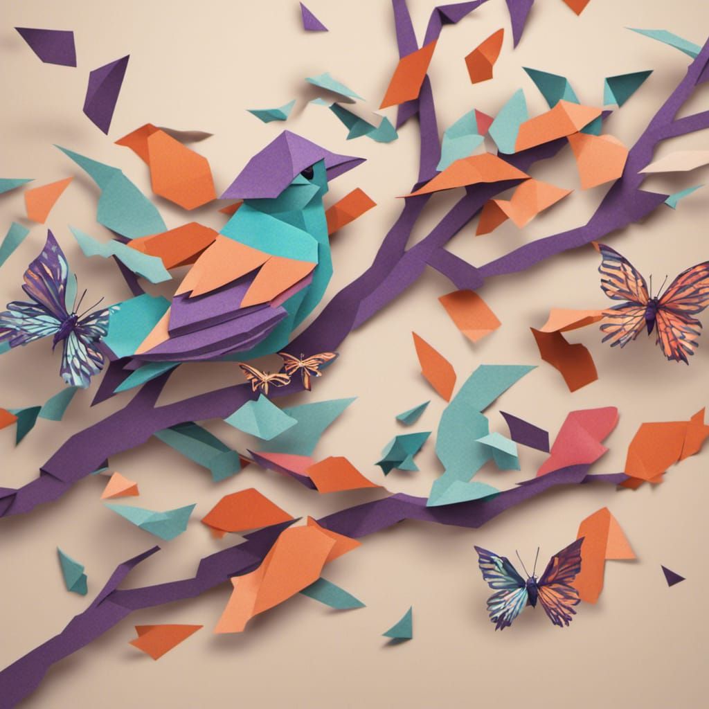 Colorful Origami Tree with Birds and Butterflies