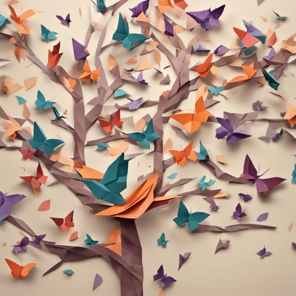 Colorful Origami Tree with Birds and Butterflies