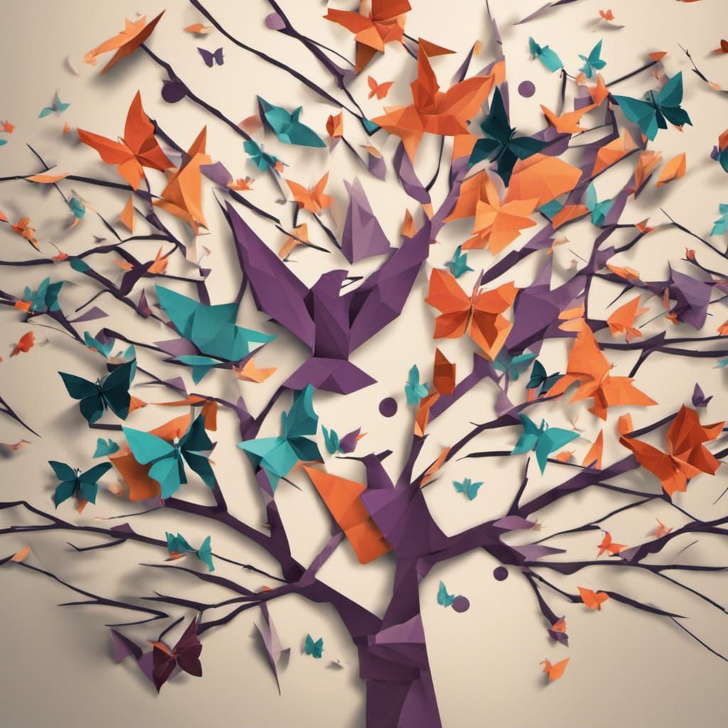 Origami Tree with Butterflies in Ukiyo-e Style