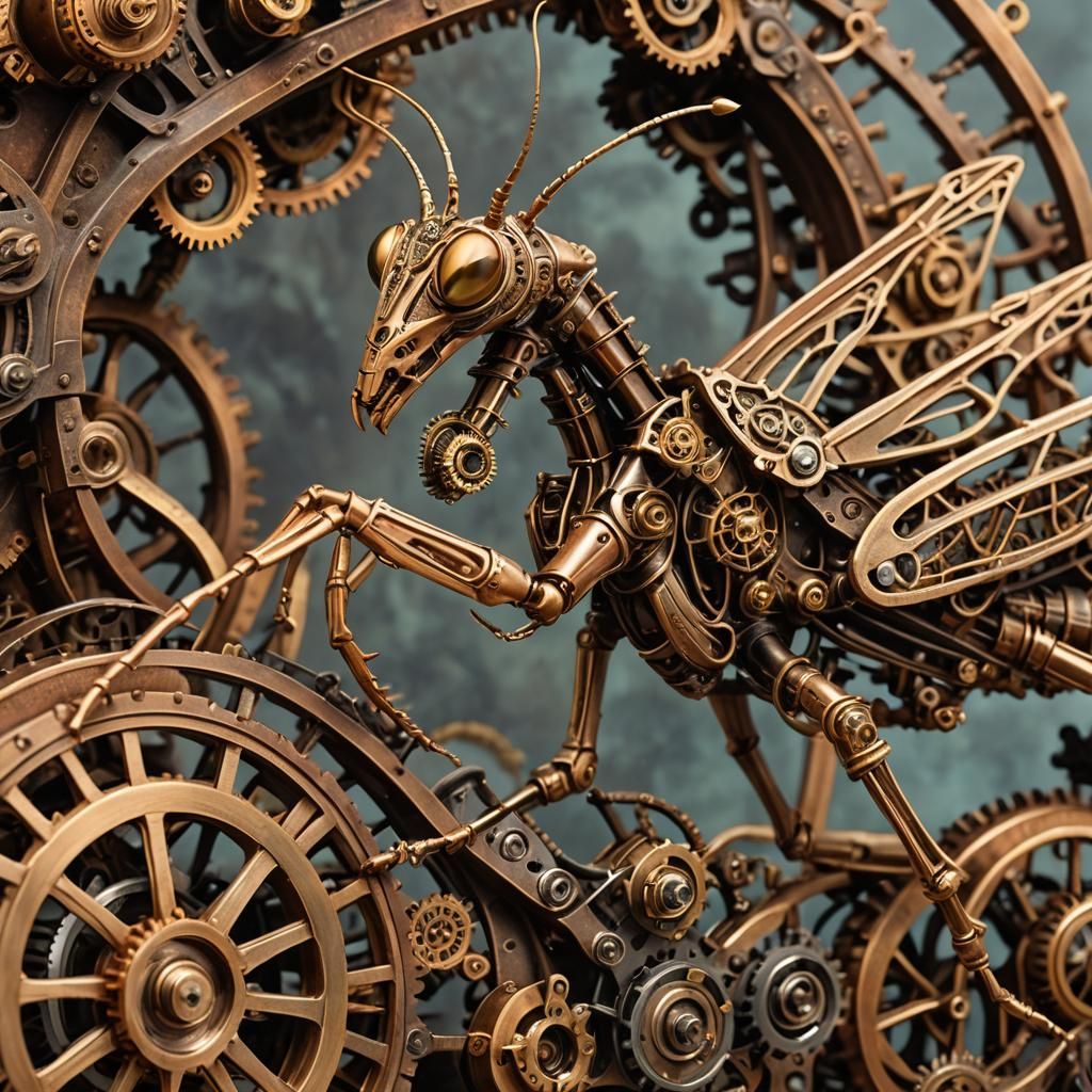 Steampunk Praying Mantis on Intricate Engine