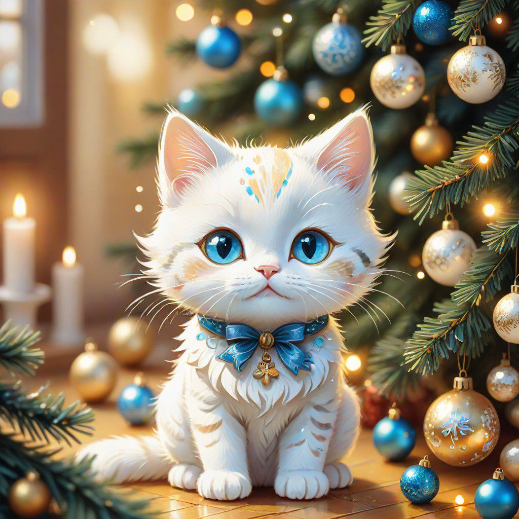 Whimsical Chibi Cat Stares at Christmas Ornaments in Warm Go...