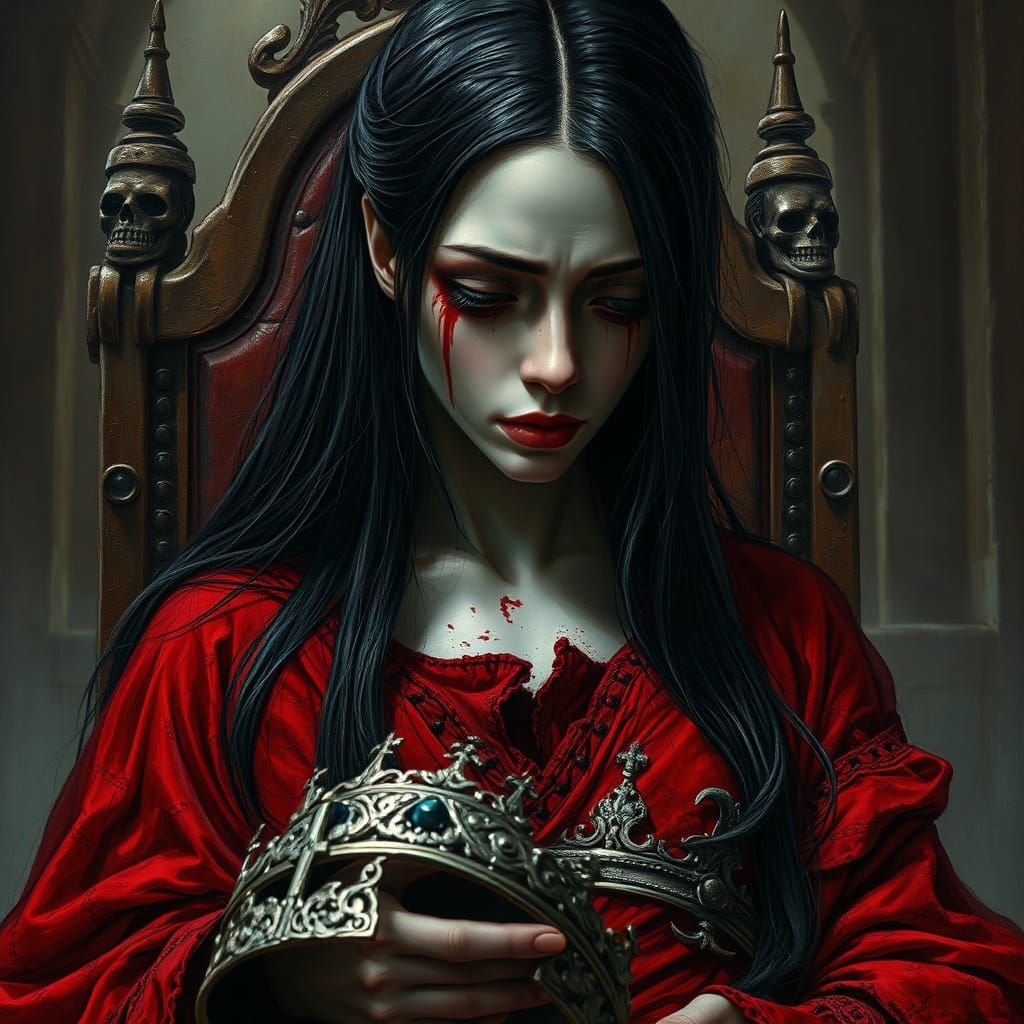 Sorrowful Queen Weeps Blood in a Desolate Throne Room
