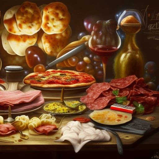 Delicious Food Feast: Pasta, Pizza, Wine Still Life