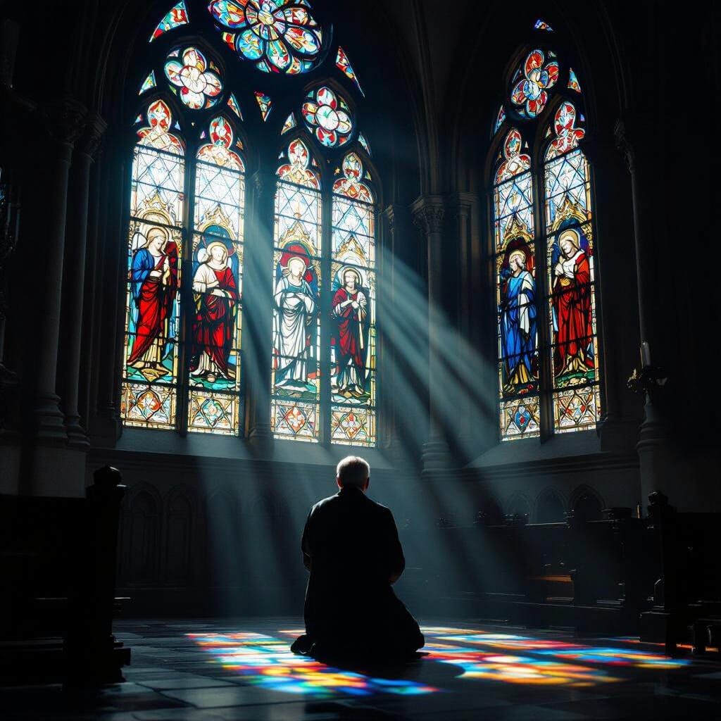 Gothic Stained Glass Window with Praying Man in Church Light