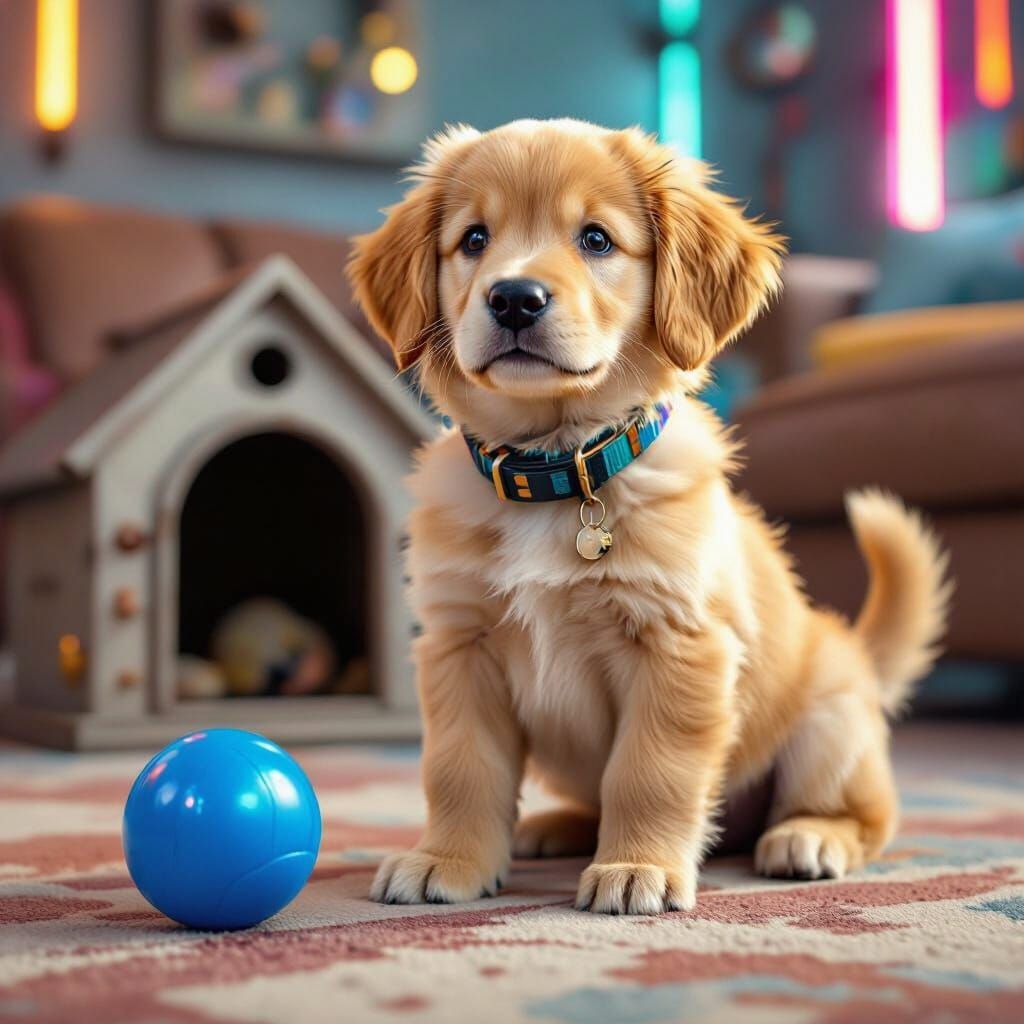 Golden Retriever Puppies in Sci-Fi Steampunk Living Room