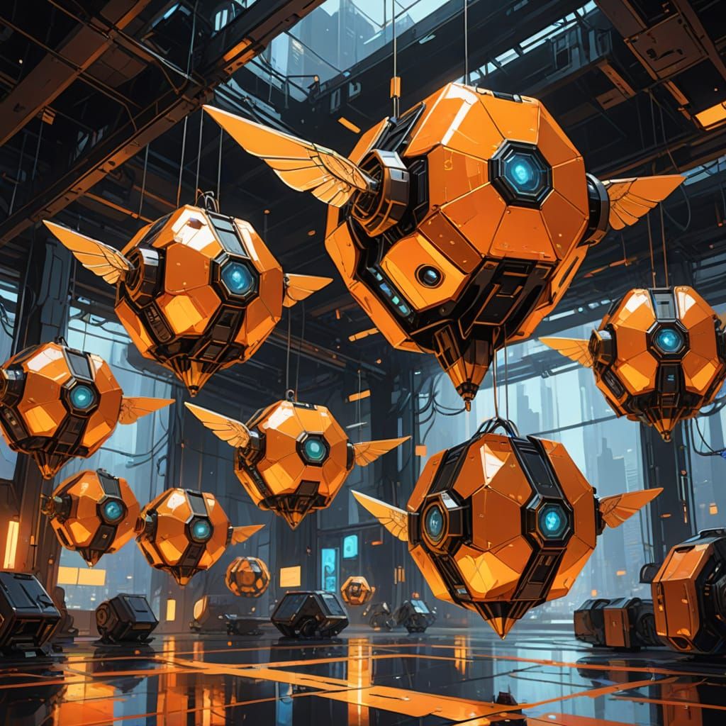 Robotic Dodecahedron with Metal Wings, Digital Art