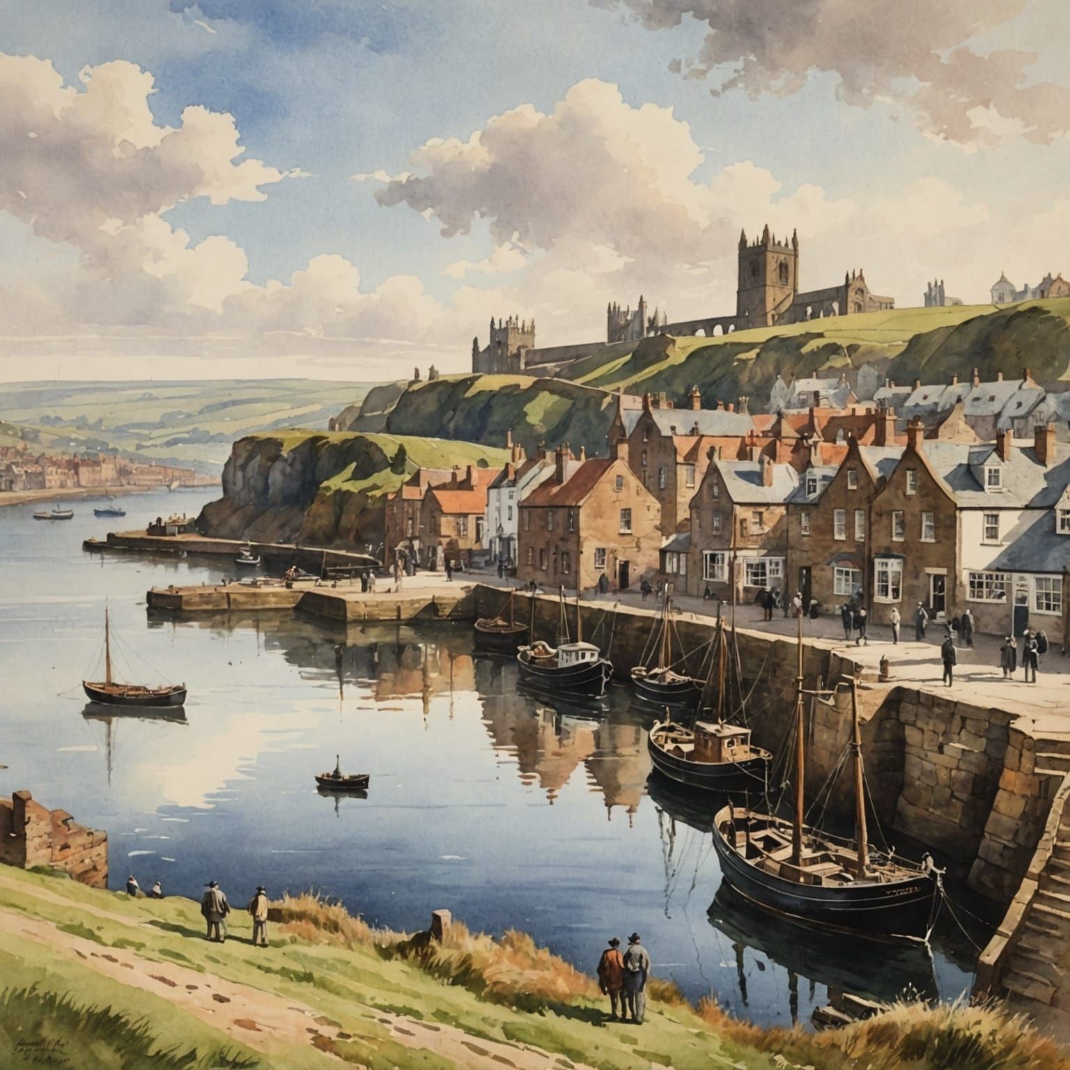 Whitby Harbour in Watercolor, 19th Century View