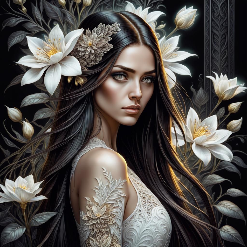 Airbrushed Woman with Dark Glowing Flowers