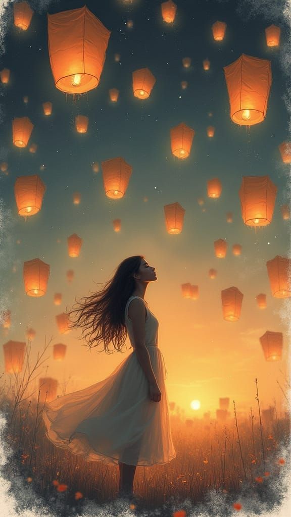 Woman Under Floating Lanterns at Twilight