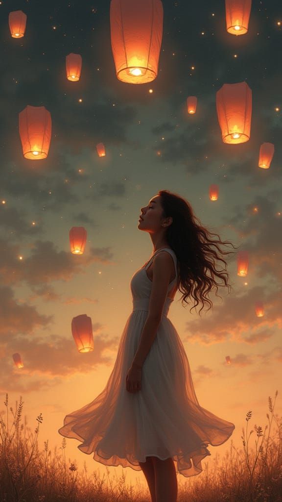 Woman Under Floating Lanterns in Charcoal Style