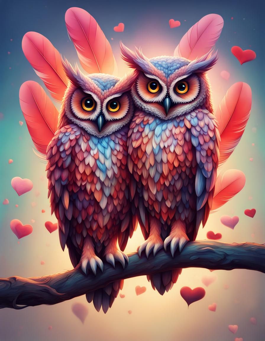 Anthropomorphic Owl Couple in Love: Hyperrealistic Splash Ar...