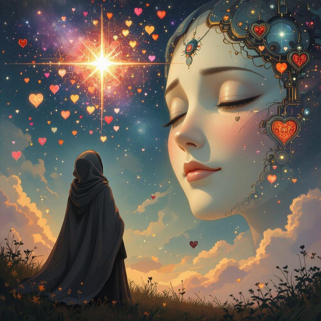 Mechanical Hearts Drawn to Galactic Star in Watercolor Style